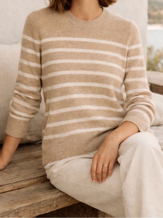 Quince Sweaters - Quince 100% Mongolian Cashmere Sweater Small Beige Cream Striped Crewneck